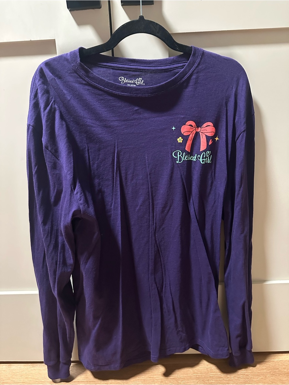 Blessed Girl Purple Long-Sleeve Tee with Pink Bow Graphic